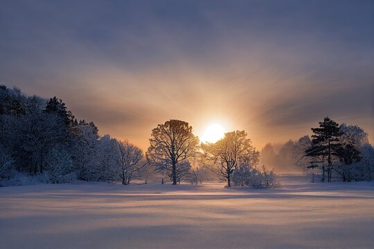 frozen frosty trees in sun rays, wintery postcard concept