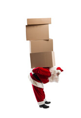 santa claus carry a stack of boxes for christmas