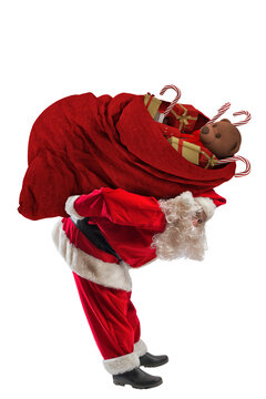 santa claus carry a big sack full o christmas gifts