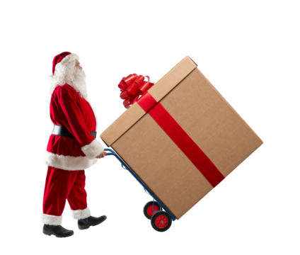 santa claus pushes a trolley to carry a big xmas gift