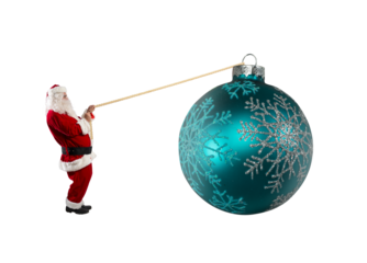 santa claus pulls a rope to move a big christmas ball