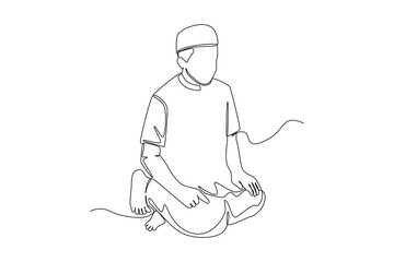 Single one line drawing prayer movement sitting. Julus. Prayer movement concept for muslims. Continuous line draw design graphic vector illustration.