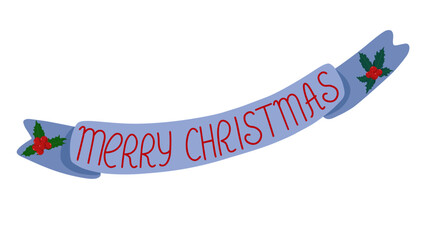 Merry Christmas banner with holly plant festive vector illustration, holiday celebration simple cartoon decor