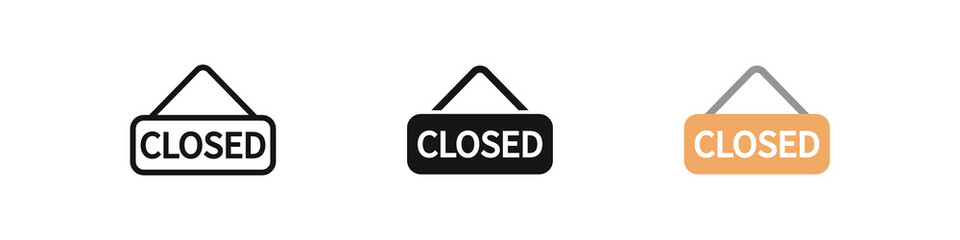 Closed door icon. Shop signboard sign. Store board symbol. Cafe notice icons. Black and flat color. Vector sign.