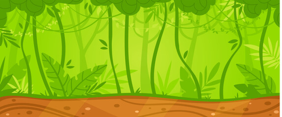 Jungle summer tropical forest, green nature landscape with grass, tree and foliage, vector illustration. Beautiful outdoor environment