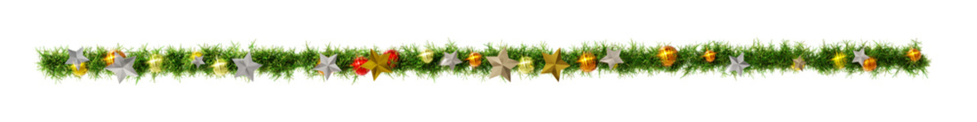 Beautiful christmas wreath like line with shiny stars and colorful orbs, on transparent background (RGBA 3D Rendering PNG)	