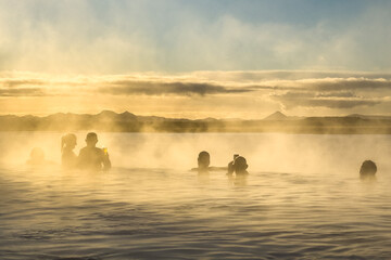 Sky Lagoon: famous luxury spa resort in Reykjavik in winter sunny day - obrazy, fototapety, plakaty
