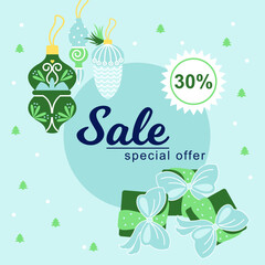 Vector template of winter and christmas sale for advertising. Discounts. Christmas toys and gifts.
