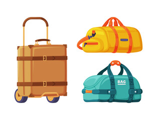 Travel Suitcase with Wheels and Bag with Handle as Packed Luggage for Traveling Vector Set