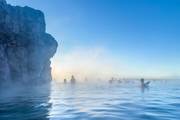 Sky Lagoon: famous luxury spa resort in Reykjavik in winter sunny day - obrazy, fototapety, plakaty