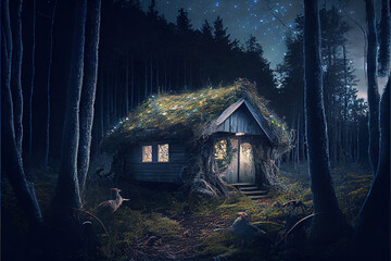 Matte painting background shed in the forest fairy tale heroic fantasy witchy video game night