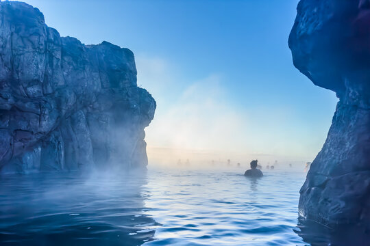 Sky Lagoon: famous luxury spa resort in Reykjavik in winter sunny day - Powered by Adobe