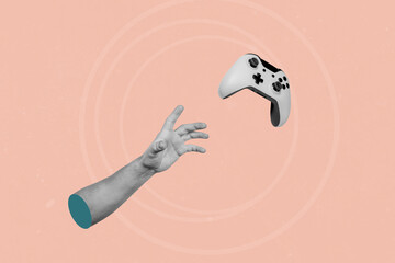 Hand catching flying game joystick on creative abstract pink background © Alex