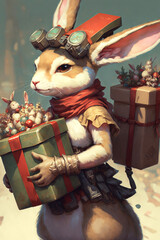 bunny dressed as santa, handing out presents