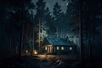 Matte painting background shed in the forest heroic fantasy witchy video game night