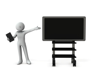 大型ディスプレイの横で、プレゼンテーションするビジネスマン。