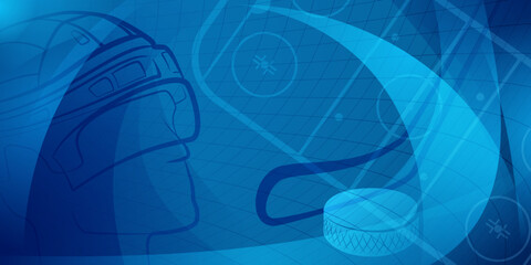 Abstract background in blue colors with different hockey symbols such as puck, stick, helmet, ice rink