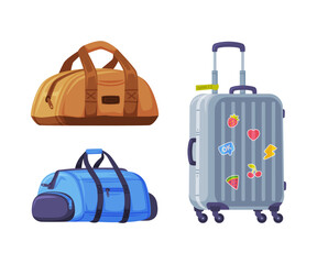 Travel Suitcase with Wheels and Bag with Handle as Packed Luggage for Traveling Vector Set
