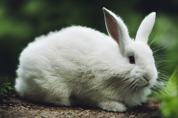 white rabbit sits among green nature