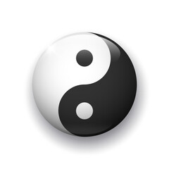 Realistic glossy button with yin yang symbol. 3d vector element with shadow underneath. Best for mobile apps, UI and web design.