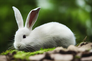 white rabbit sits on green grass among green nature