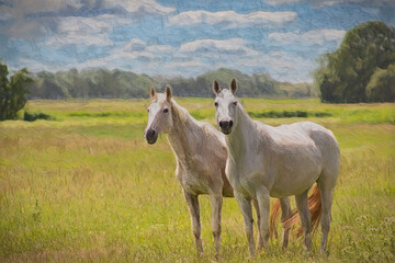 Two white horses grazing on a pasture amidst a beautiful rural landscape. They gaze at the camera,...