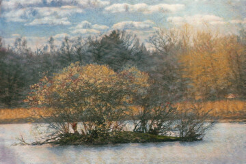 Scenic view of beautiful autumnal landscape with trees at a lake. Impressionism style with oil painting filter and canvas texture.