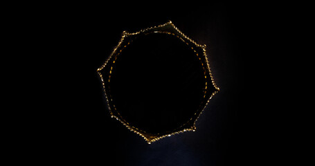 Fabulous golden crown of the king on a dark background. Panoramic view of the fog. Mockup for your logo. Top view.