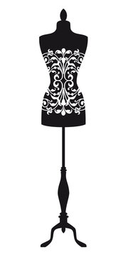 Vintage fashion mannequin, dress forms, tailor's dummy, dressmaker, designer, black and white silhouette, illustration over a transparent background, PNG image