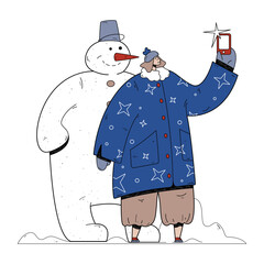 Woman click selfie with snowman
