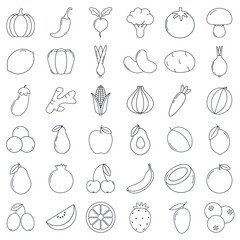 Big vector set of linear icons. Different fruits and vegetables icons on white background