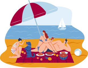 Summer vacation at sea, isolated on white vector illustration. Man woman people family at cartoon beach, holiday lifestyle.