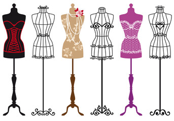 Vintage fashion mannequins, dress forms, tailor's dummy, dressmaker, designer, black and white silhouette, illustration over a transparent background, PNG image - 550463548