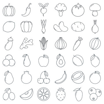 Big vector set of linear icons. Different fruits and vegetables icons on white background