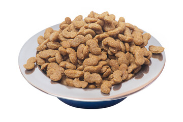Balanced grain-free holistic feed for dogs. Dry feed in a metal bowl for animals.