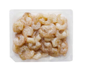 Fresh uncooked prawn or shrimp on plastic tray, white background. Premium high quality seafood product.