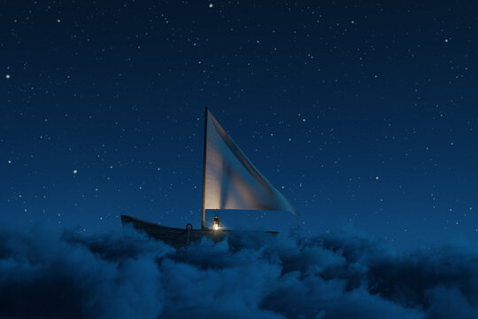 3D rendering of abandoned wooden boat with waving canvas over fluffy night clouds. Illuminated from a storm lantern