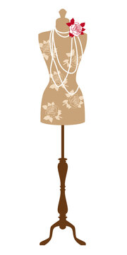Vintage fashion mannequin, dress forms, tailor's dummy, dressmaker, designer, black and white silhouette, illustration over a transparent background, PNG image