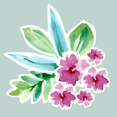 Watercolor bouquet of flowers, watercolor illustration on a white background. Flowers in a bouquet with leaves, wedding bouquet, watercolor hand-drawn