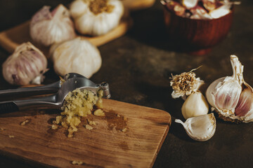 garlic press with garlic cloves