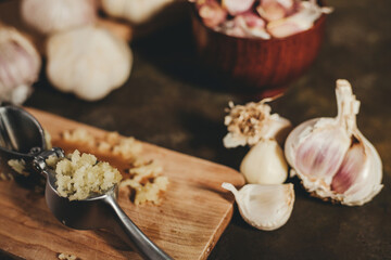 garlic press with garlic cloves