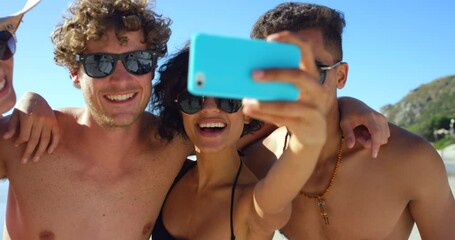 Friends, holiday and group selfie at the beach with smartphone for social media, freedom and summer memories. Friendship, bonding and joy by sea on happy vacation in sun in Bali with a cellphone pic - Powered by Adobe