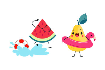 Pear and Watermelon as Summer Fruit Character with Rubber Ring Swimming and Splashing in Water Vector Set