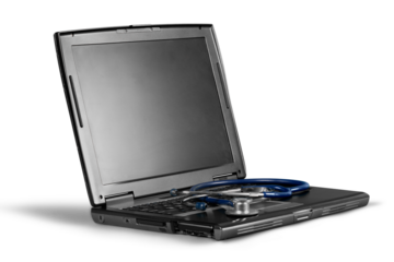 Laptop diagnosis with  stethoscope  on background