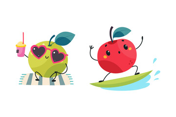 Apple as Summer Fruit Character Riding on Surfboard and Drinking Cocktail Vector Set