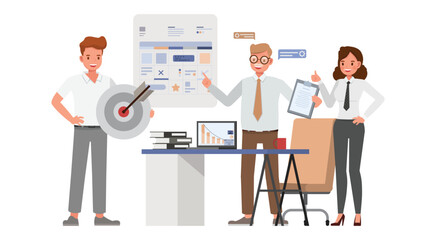 Business strategy concept. Office man and woman character vector design. Business people working in office planning, thinking and economic analysis on isolated white background.