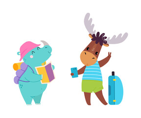 Obraz na płótnie Canvas Cute Elk and Rhino Traveler with Smartphone and Suitcase Having Journey on Vacation Vector Set