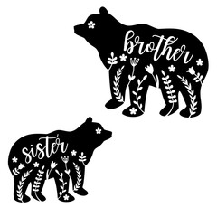 Brother bear, sister bear, black animal silhouettes with floral pattern, family concept, illustration over a transparent background, PNG image