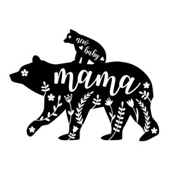Fototapeta na wymiar Mama bear with baby bear, black animal silhouette with floral pattern, family concept, illustration over a transparent background, PNG image