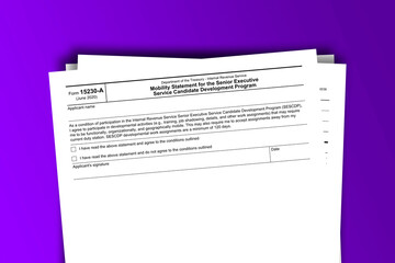 Obraz premium Form 15230-A documentation published IRS USA 06.16.2020. American tax document on colored